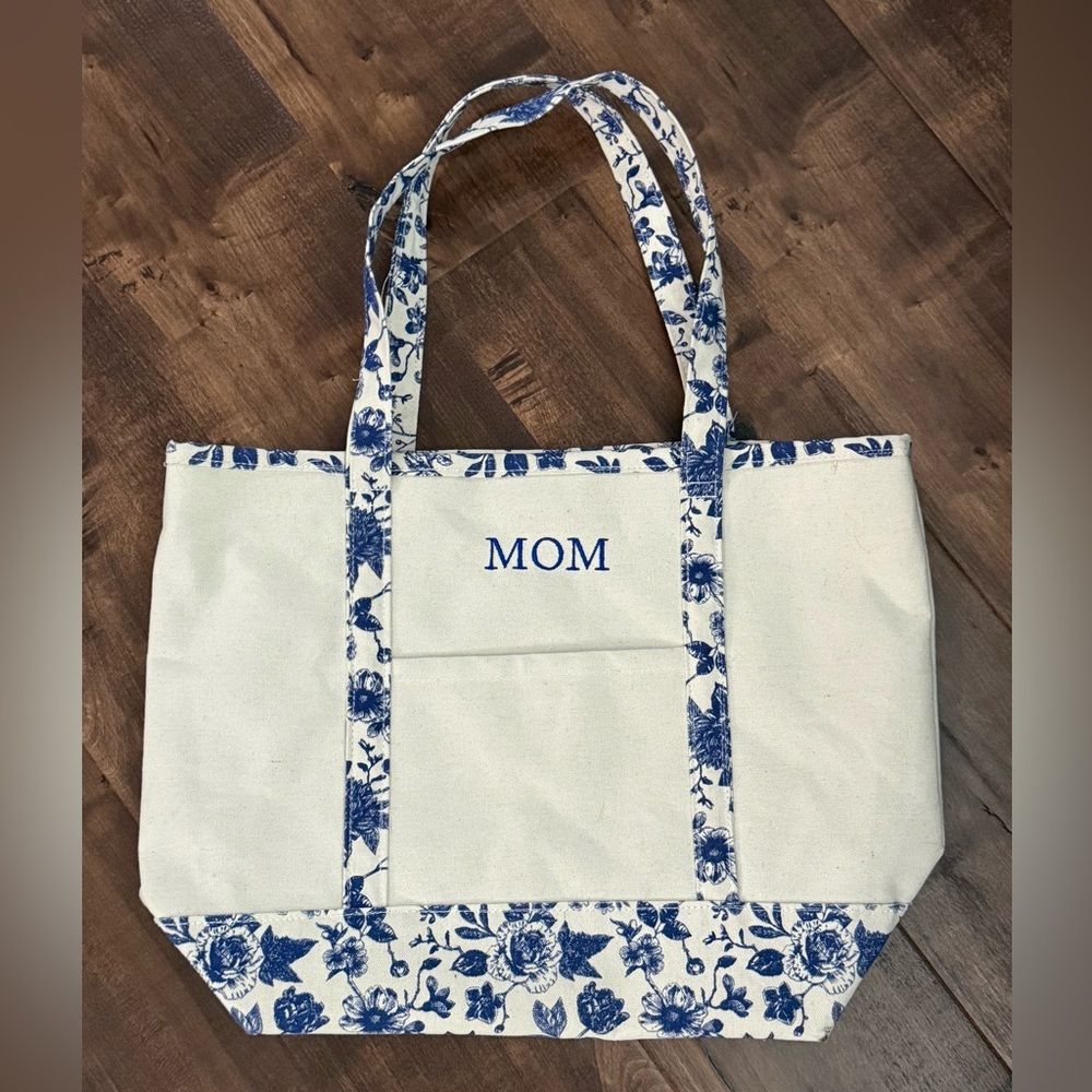 Personalized "MOM" Blue and White Floral Canvas Tote Bag